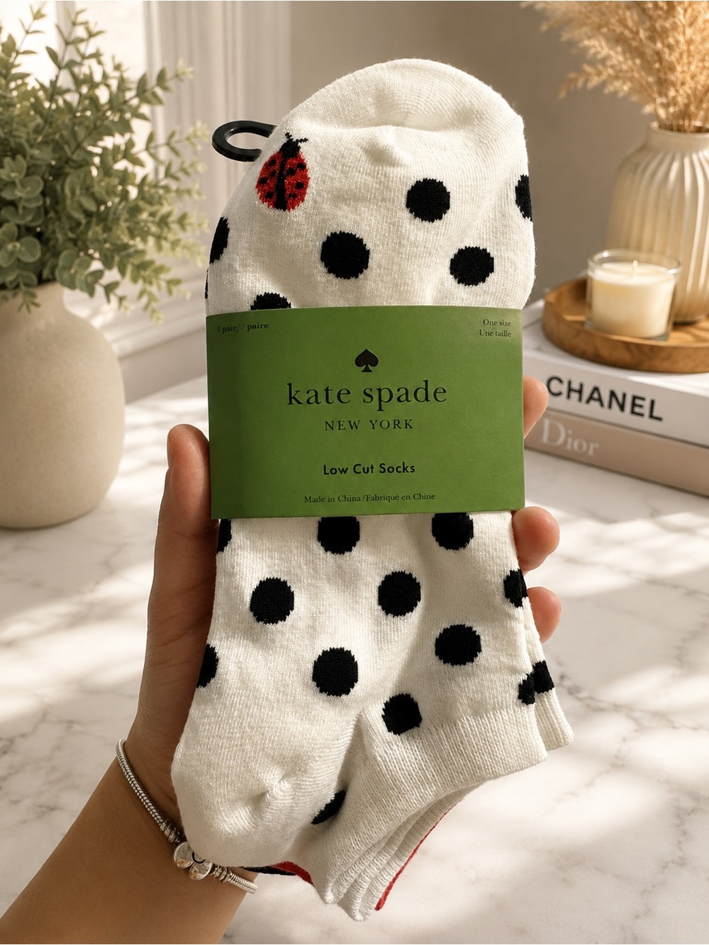 kate spade White Polka Dot/Lady Bug Low Cut Socks - Picture 1 of 3